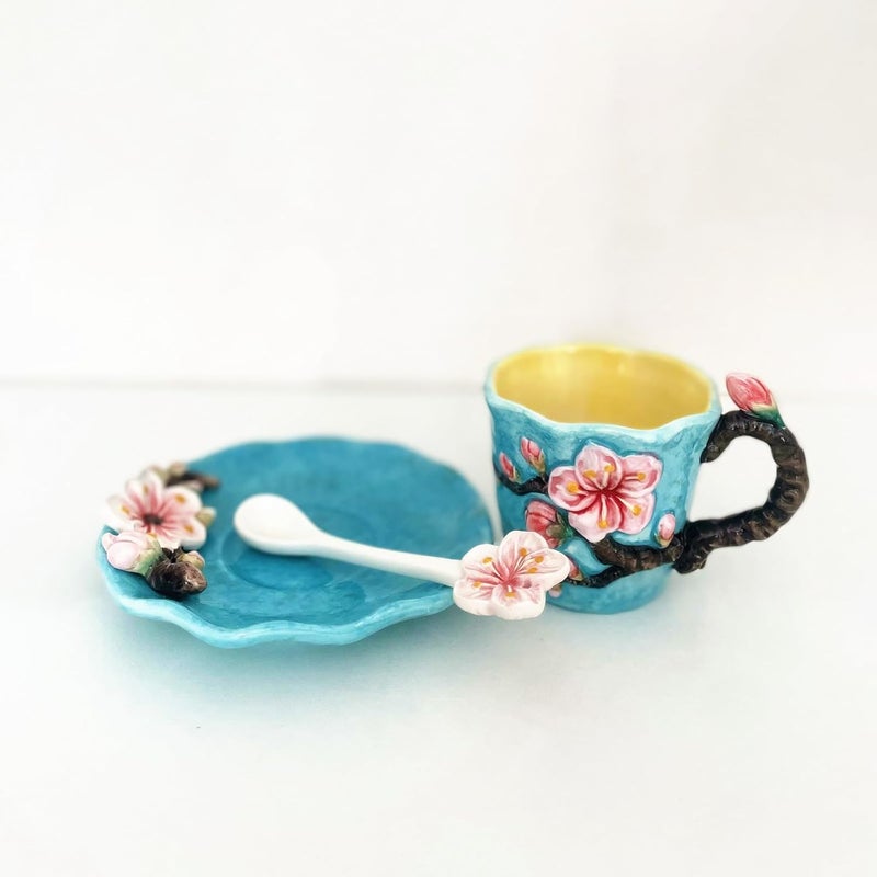 FORLONG Ceramic Van Gogh Coffee Mug and Saucer set with Spoon3D Handmade and Handpainted Tea Mug 6OZApricot Blossom - Image 3