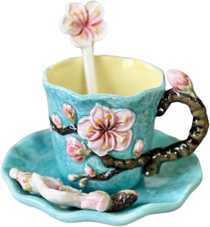 FORLONG Ceramic Van Gogh Coffee Mug and Saucer set with Spoon3D Handmade and Handpainted Tea Mug 6OZApricot Blossom - Image 1