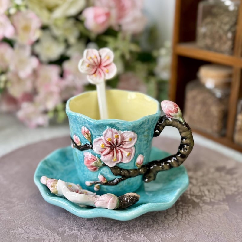 FORLONG Ceramic Van Gogh Coffee Mug and Saucer set with Spoon3D Handmade and Handpainted Tea Mug 6OZApricot Blossom - Image 2
