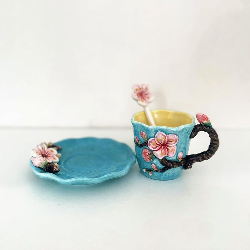 FORLONG Ceramic Van Gogh Coffee Mug and Saucer set with Spoon3D Handmade and Handpainted Tea Mug 6OZApricot Blossom - Image 5