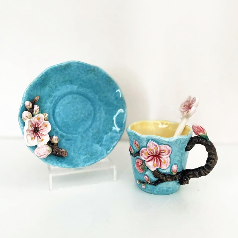 FORLONG Ceramic Van Gogh Coffee Mug and Saucer set with Spoon3D Handmade and Handpainted Tea Mug 6OZApricot Blossom - Image 4