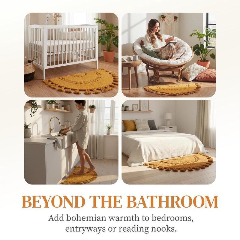 BIEN BEAU Boho Bathroom Rugs - Half-Circle Cotton Rug with Crochet Insert, Tassels & Non-Slip Backing - Soft Bohemian Bath Mat for Bathroom, Bedroom or Entryway - Yellow Mustard 42x22 - Image 5
