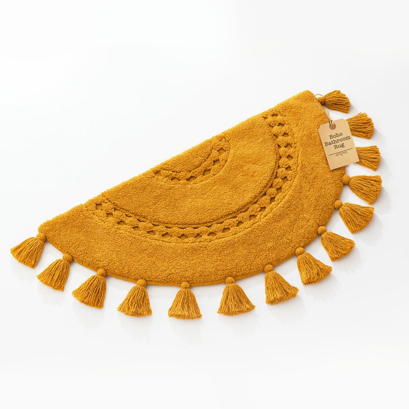 BIEN BEAU Boho Bathroom Rugs - Half-Circle Cotton Rug with Crochet Insert, Tassels & Non-Slip Backing - Soft Bohemian Bath Mat for Bathroom, Bedroom or Entryway - Yellow Mustard 42x22 - Image 1