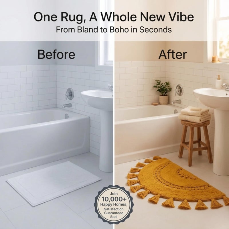 BIEN BEAU Boho Bathroom Rugs - Half-Circle Cotton Rug with Crochet Insert, Tassels & Non-Slip Backing - Soft Bohemian Bath Mat for Bathroom, Bedroom or Entryway - Yellow Mustard 42x22 - Image 3