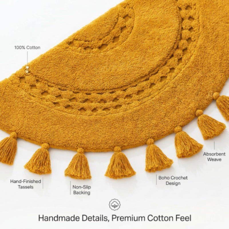 BIEN BEAU Boho Bathroom Rugs - Half-Circle Cotton Rug with Crochet Insert, Tassels & Non-Slip Backing - Soft Bohemian Bath Mat for Bathroom, Bedroom or Entryway - Yellow Mustard 42x22 - Image 2