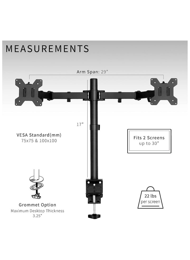 Dual Monitor Desk Mount, Heavy Duty Fully Adjustable Stand, Fits 2 LCD LED Screens up to 30 inches, Black - Image 5