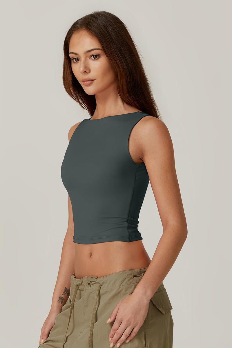 QINSEN Women's Form-Fitting T Shirt Crop Tops High Neck Sleeveless Going Out Tank Light Green L - Image 4
