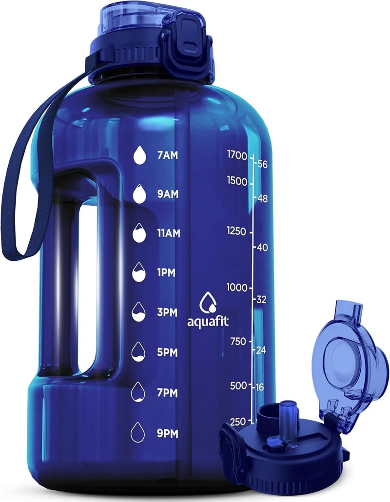 AQUAFIT Half Gallon Water Bottle with Time Marker Straw Chug Lid BPA Free Gym Water Bottle with Straw Big Gallon Jug Blue 64 oz 2in1 Lid