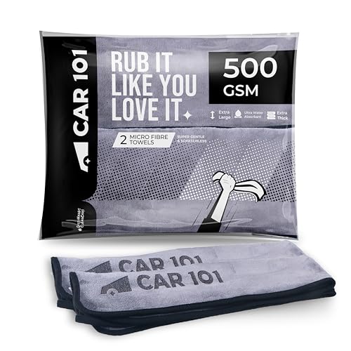 CAR101 Microfiber Cloth - 2Pcs - 75x35 cm - 500 GSM - Grey | Multipurpose | Lint-Free | Superior Softness & High Absorbency | Microfibre Towels for Car, Bike & Household Cleaning - Image 1