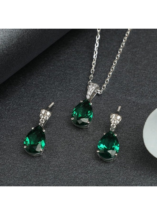 Clara 925 Sterling Silver Dark Green Tear Drop Pendant Earring Chain Jewellery Set | Rhodium Plated, Swiss Zirconia | Gift for Women & Girls - Image 2