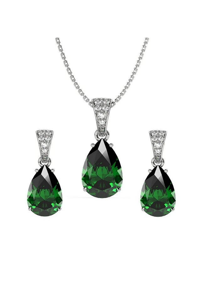 Clara 925 Sterling Silver Dark Green Tear Drop Pendant Earring Chain Jewellery Set | Rhodium Plated, Swiss Zirconia | Gift for Women & Girls - Image 1