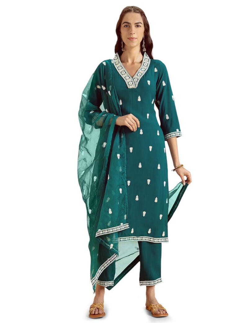 Kaari Women's Embroidered Kurta Set with Dupatta - Straight Fit | Embroidered Neck-line | Organza Dupatta with all-over Booti Work & Lace Hem | Straight Pant with Side Pocket | Kurta Set For Women - Image 4