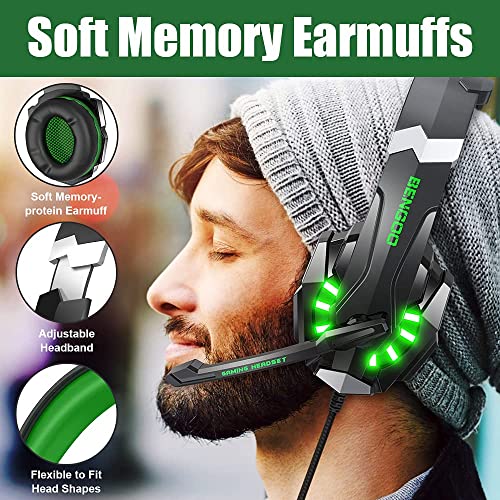 BENGOO G9000 Stereo Gaming Headset for PS4 PC Xbox One PS5 Controller, Noise Cancelling Over Ear Headphones with Mic, LED Light, Bass Surround, Soft Memory Earmuffs for Laptop Mac - Green - Image 3