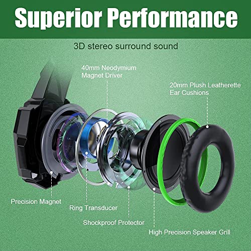 BENGOO G9000 Stereo Gaming Headset for PS4 PC Xbox One PS5 Controller, Noise Cancelling Over Ear Headphones with Mic, LED Light, Bass Surround, Soft Memory Earmuffs for Laptop Mac - Green - Image 2