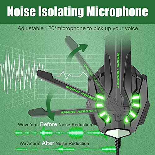 BENGOO G9000 Stereo Gaming Headset for PS4 PC Xbox One PS5 Controller, Noise Cancelling Over Ear Headphones with Mic, LED Light, Bass Surround, Soft Memory Earmuffs for Laptop Mac - Green - Image 4