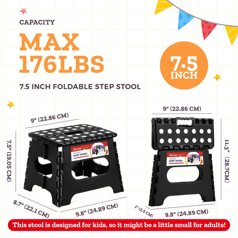 ACSTEP 7.5 Inch Folding Step Stool Foldable Stool Height Kids Step Stool, 176 lb Capacity Plastic Collapsible Stool, Black Small Stepping Stools, Foot Stools Suitable for Kitchen - Image 4