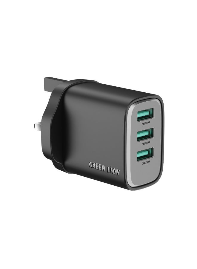 Supra 24W GaN UK Wall Charger / 3 USB-A Ports / 24W Fast Charging / Compact GaN Technology / Multi-Device Charging - Black & Grey
