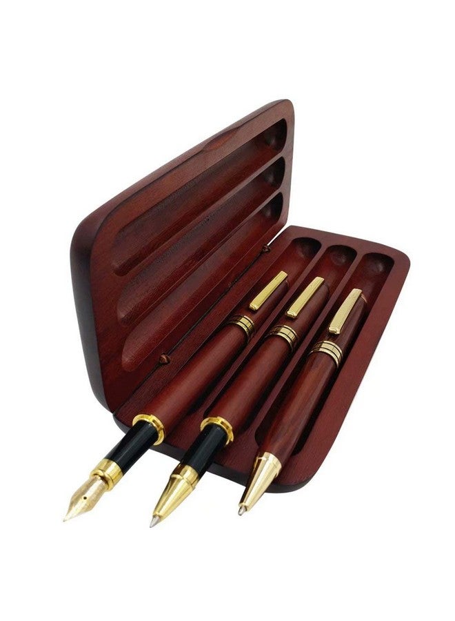 رين هاندكرافت مجموعة أقلام خشبية مكونة من 3 قطع مع حقيبة هدايا/أفضل قلم حبر جاف فاخر وقلم جل فاخر مع عبوات حبر قابلة لإعادة التعبئة، أقلام تصميم ترويجية للأعمال - Image 1