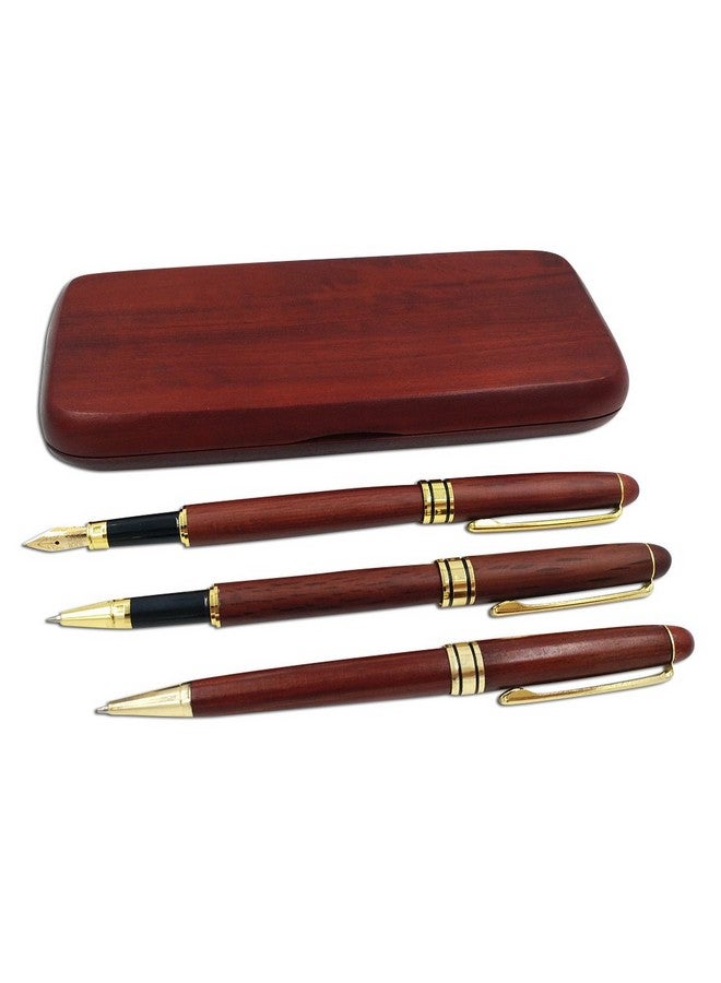 رين هاندكرافت مجموعة أقلام خشبية مكونة من 3 قطع مع حقيبة هدايا/أفضل قلم حبر جاف فاخر وقلم جل فاخر مع عبوات حبر قابلة لإعادة التعبئة، أقلام تصميم ترويجية للأعمال - Image 2