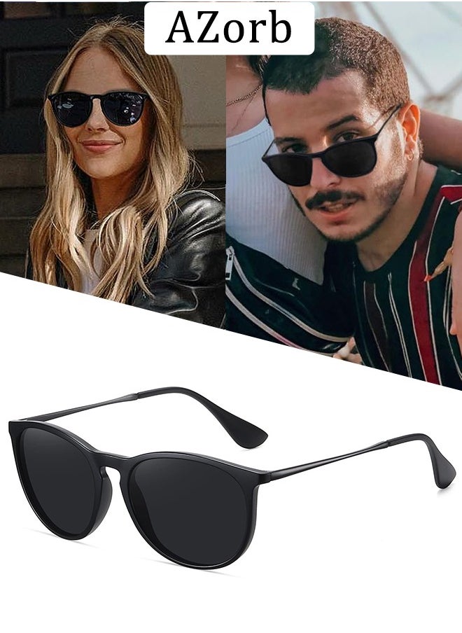 AZorb Polarized Sunglasses Women Men Round Metal Frame Classic Retro Designer Sun Glassess for Ladies Men's Oval Sunglass UV Protection Shades Black  - Image 1