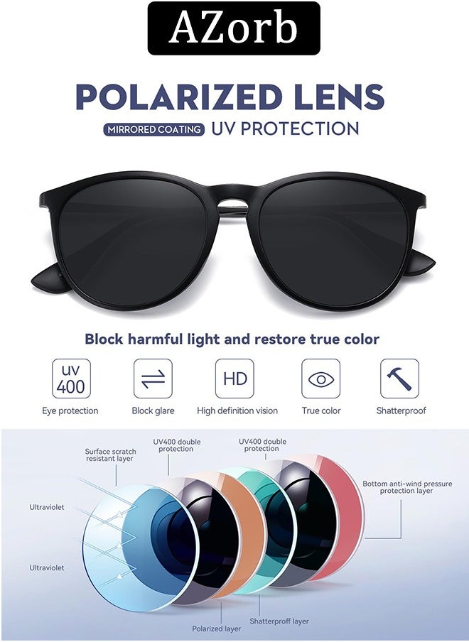 AZorb Polarized Sunglasses Women Men Round Metal Frame Classic Retro Designer Sun Glassess for Ladies Men's Oval Sunglass UV Protection Shades Black  - Image 2