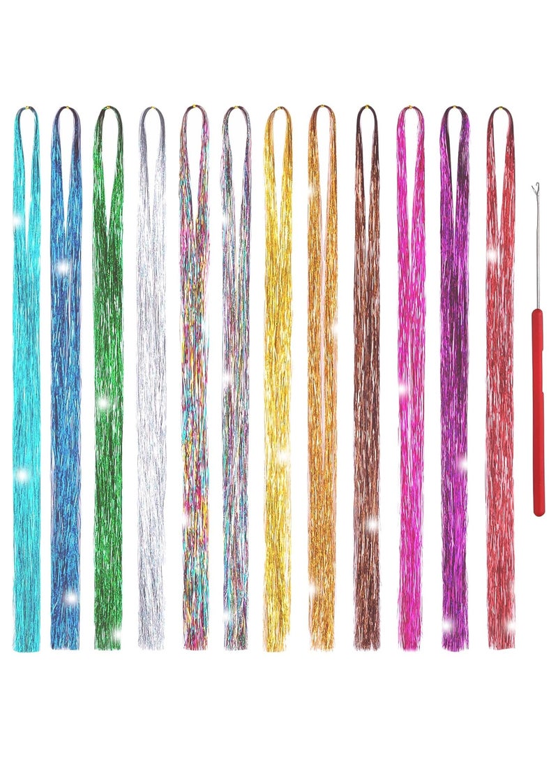 12 Colors Hair Extensions Tool Kit,Sparkling Tinsel Hair Extensions With Tool, Fairy Hair Tinsel For Birthday Halloween Christmas New Year Party - Image 1