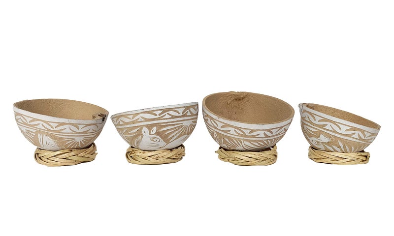 The Curated Pantry The Curated Pantry Mezcal Jicaras  Small Shot Glass Size  Holds 23 Ounces  Handcarved from Mexico with Natural Fiber Base White 4 