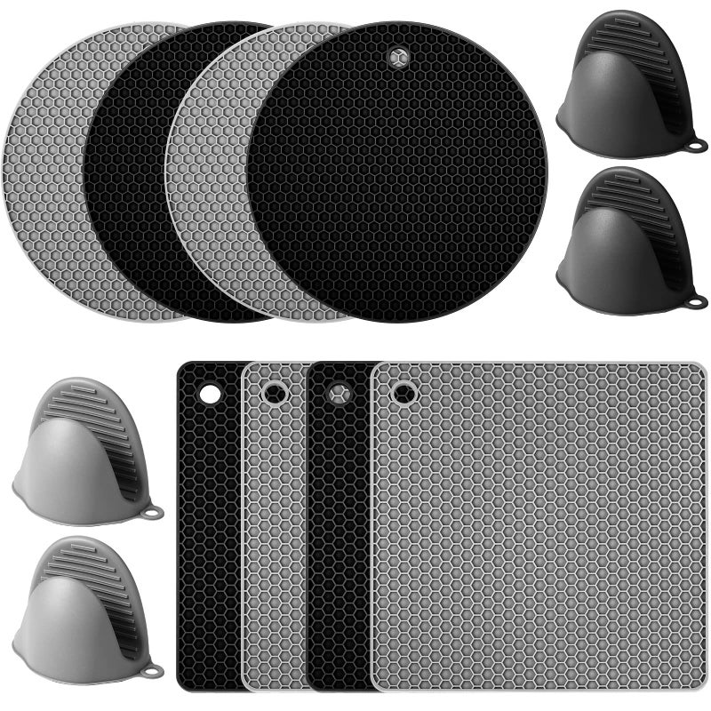 Remagr 12 Pack Silicone Trivet Mats Hot Pads with Silicone Oven Mitts Non Slip Pot Holders Heat Resistant Trivet Pads Cooking for Kitchen Counter Table Placemats Black Gray