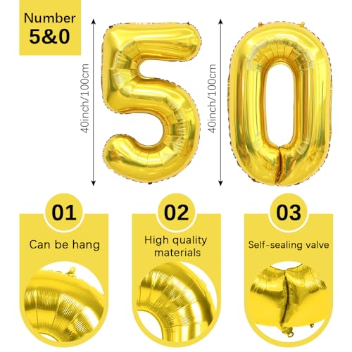 HQIOA 50 Balloon Number 40 Inch Gold Giant Number Balloons 50th Anniversary Balloons 50th Birthday Balloons 50th Birthday Decorations for Her 50th Anniversary Balloons 50 Years Old Number Balloon Decoration - Image 5