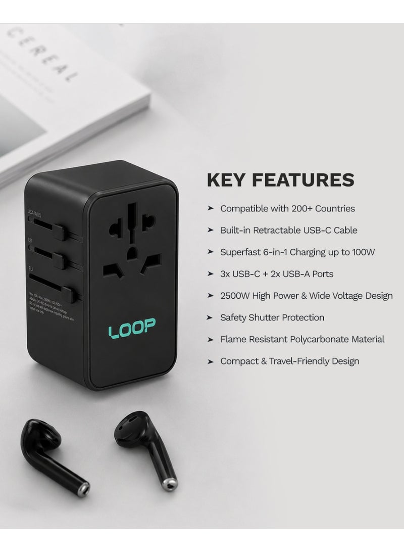 لووب محول السفر متعدد الاستخدامات LOOP 100W المزود بتقنية GaN III، والشحن السريع 6 في 1، وكابل USB-C قابل للسحب، ويعمل في أكثر من 200 دولة - Image 5