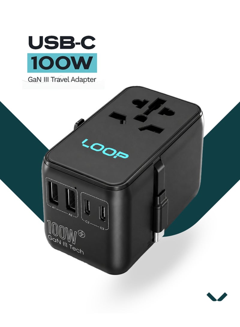لووب محول السفر متعدد الاستخدامات LOOP 100W المزود بتقنية GaN III، والشحن السريع 6 في 1، وكابل USB-C قابل للسحب، ويعمل في أكثر من 200 دولة - Image 1