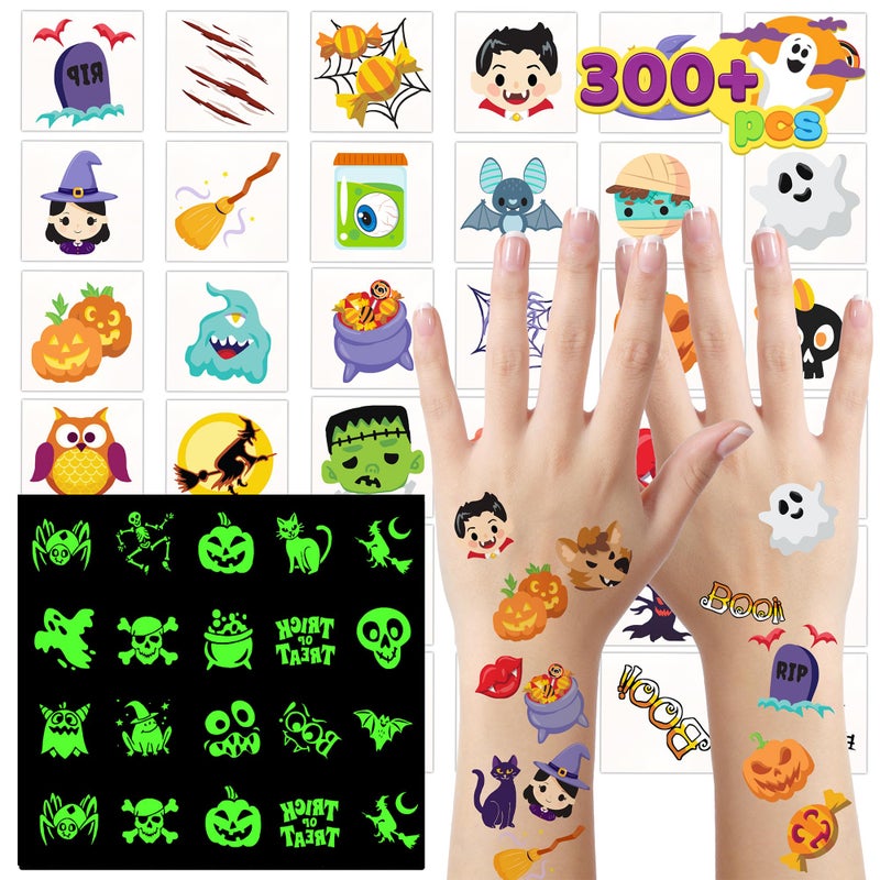 JOYIN 300 Halloween Tattoos for Kids Glowing Temporary Tattoos in Assorted Designs Bulk for Child Trick or Treat Gifts Halloween Party Favor Decorations Goodie Bags Supplies Class Game Prizes
