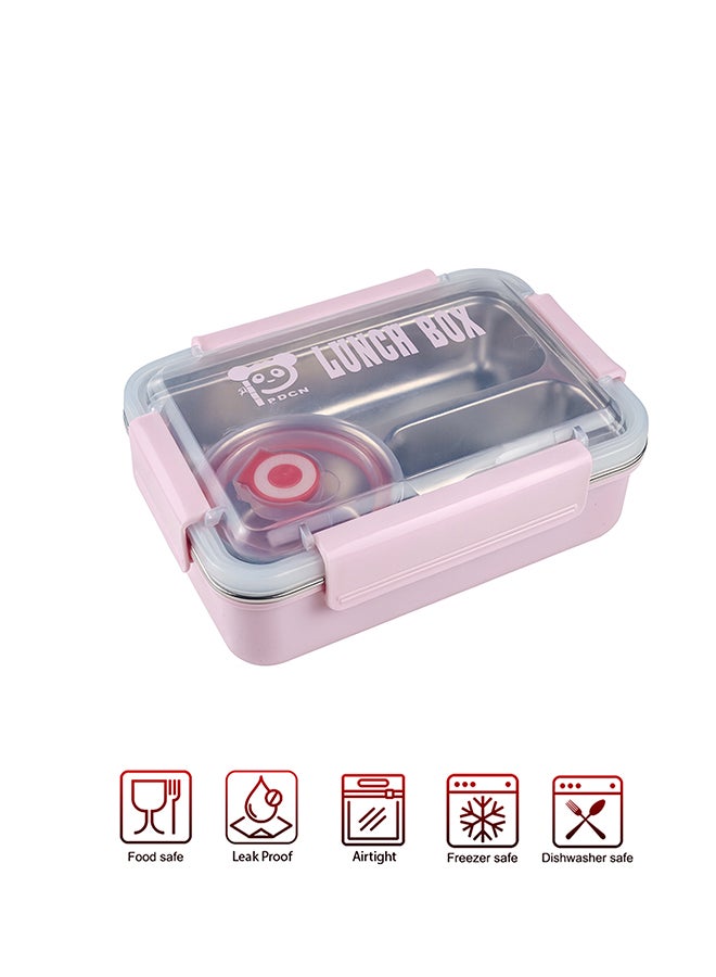 Toshionics Microwave Safe Stainless Steel Lunch Box with 3 Compartments, Leakproof Lid, Spoon, BPA Free, Freezer Safe, Four-Side Lock – for Kids & Adults – Ideal for School, Office, Home, Travel – 21 x 15 x 5 cm - Image 1