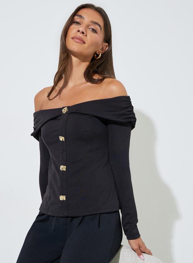 Styli Black Long Sleeve Off-Shoulder Knit Top with Gold Buttons - Image 1