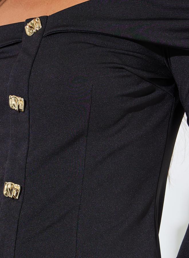 Styli Black Long Sleeve Off-Shoulder Knit Top with Gold Buttons - Image 3