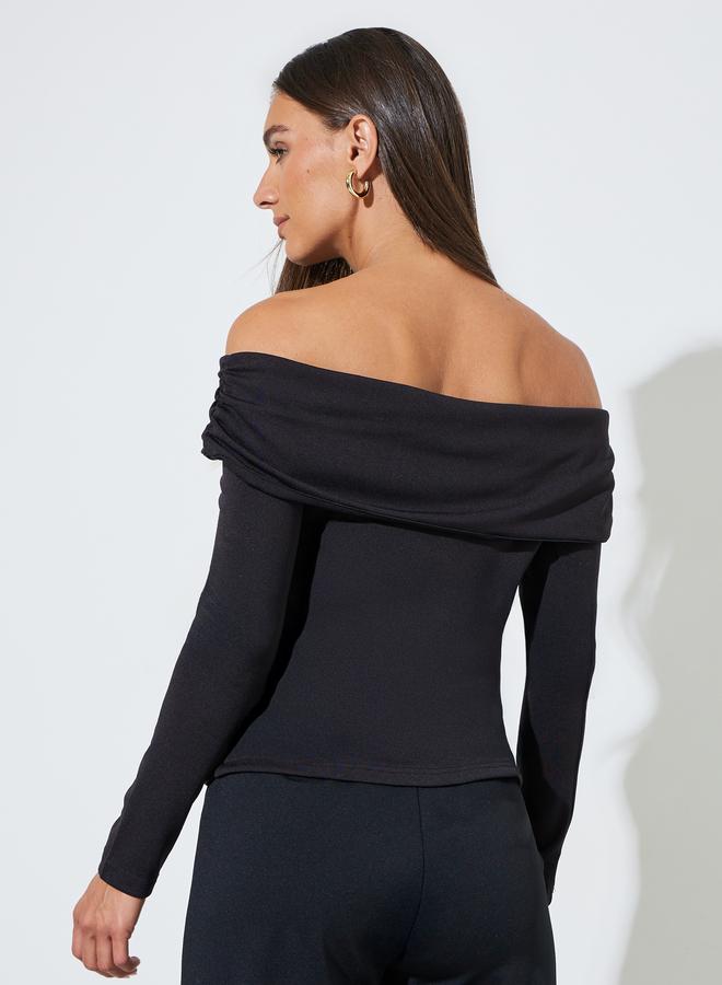 Styli Black Long Sleeve Off-Shoulder Knit Top with Gold Buttons - Image 4