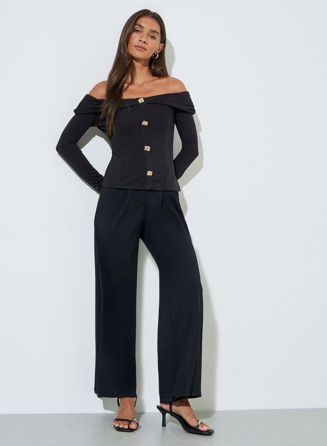 Styli Black Long Sleeve Off-Shoulder Knit Top with Gold Buttons - Image 2