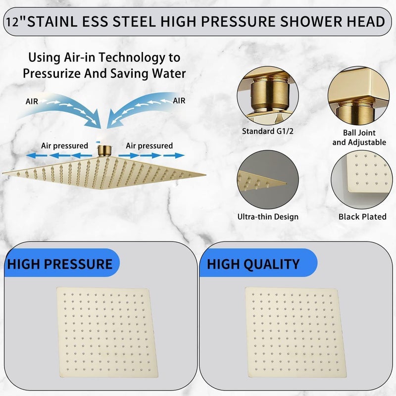GGStudy Rain Shower Head Brushed Gold with Extension Arm 12 Inch Square Shower Head with 16 Inch Shower Arm Large Stainless Steel Rainfall Showerhead Waterfall Full Body Coverage - Image 3