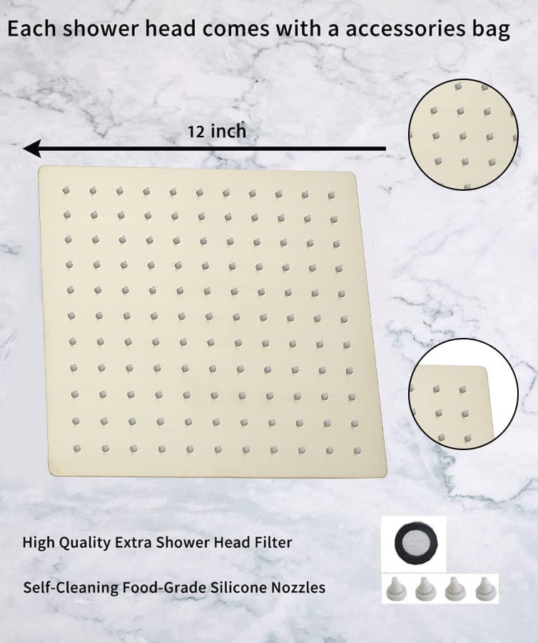 GGStudy Rain Shower Head Brushed Gold with Extension Arm 12 Inch Square Shower Head with 16 Inch Shower Arm Large Stainless Steel Rainfall Showerhead Waterfall Full Body Coverage - Image 4