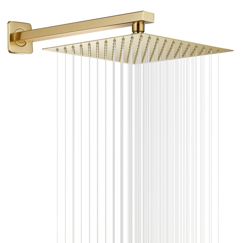 GGStudy Rain Shower Head Brushed Gold with Extension Arm 12 Inch Square Shower Head with 16 Inch Shower Arm Large Stainless Steel Rainfall Showerhead Waterfall Full Body Coverage - Image 1