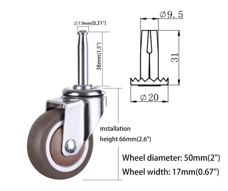 NERILEE 2 Inch Rubber Caster Wheel Set of 4 with 5/16" x 1-1/2" (8 x 38mm) Stem and 20mm Dia Sockets, for Furniture Crib Trolley Dining Car Casters - Image 3
