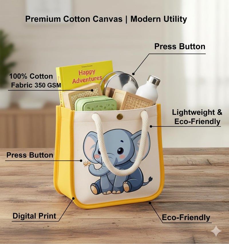 HOBBY INDIA Kids Lunch Bag | Cute & Stylish Mini Tiffin Bag for Boys & Girls | Cute Cotton Cartoon Design I Perfect For Picnic Tuition School, Preschool & Playschool (Elephant) - Image 4