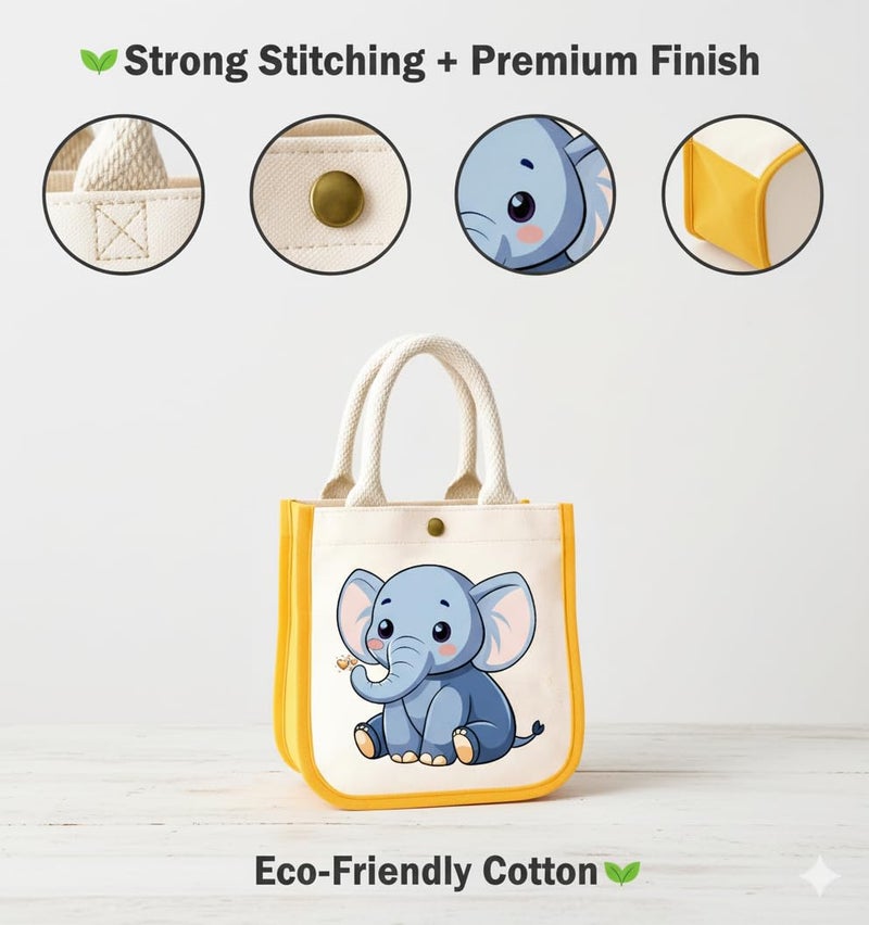 HOBBY INDIA Kids Lunch Bag | Cute & Stylish Mini Tiffin Bag for Boys & Girls | Cute Cotton Cartoon Design I Perfect For Picnic Tuition School, Preschool & Playschool (Elephant) - Image 5