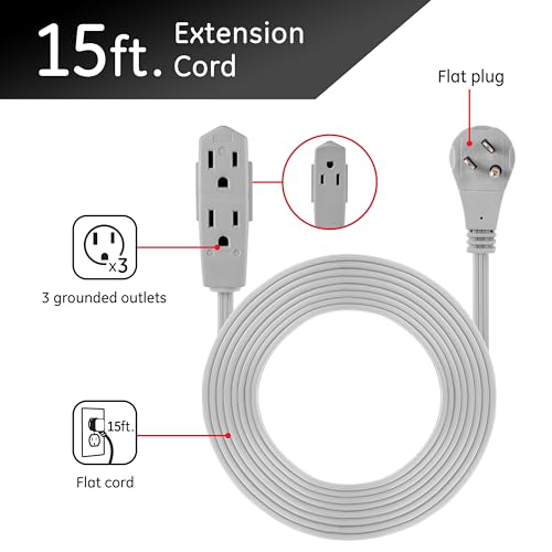 GE 3-Outlet Flat Extension Cord 15 Ft Grounded Indoor Extension Cord with Multiple Outlets 3 Prong Flat Plug Power Strip 16 Gauge UL Listed Gray 43026 - Image 2