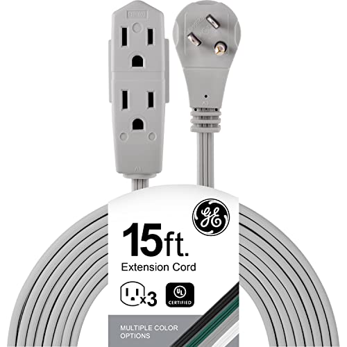 GE 3-Outlet Flat Extension Cord 15 Ft Grounded Indoor Extension Cord with Multiple Outlets 3 Prong Flat Plug Power Strip 16 Gauge UL Listed Gray 43026 - Image 1