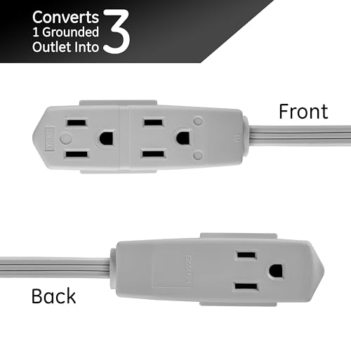 GE 3-Outlet Flat Extension Cord 15 Ft Grounded Indoor Extension Cord with Multiple Outlets 3 Prong Flat Plug Power Strip 16 Gauge UL Listed Gray 43026 - Image 3