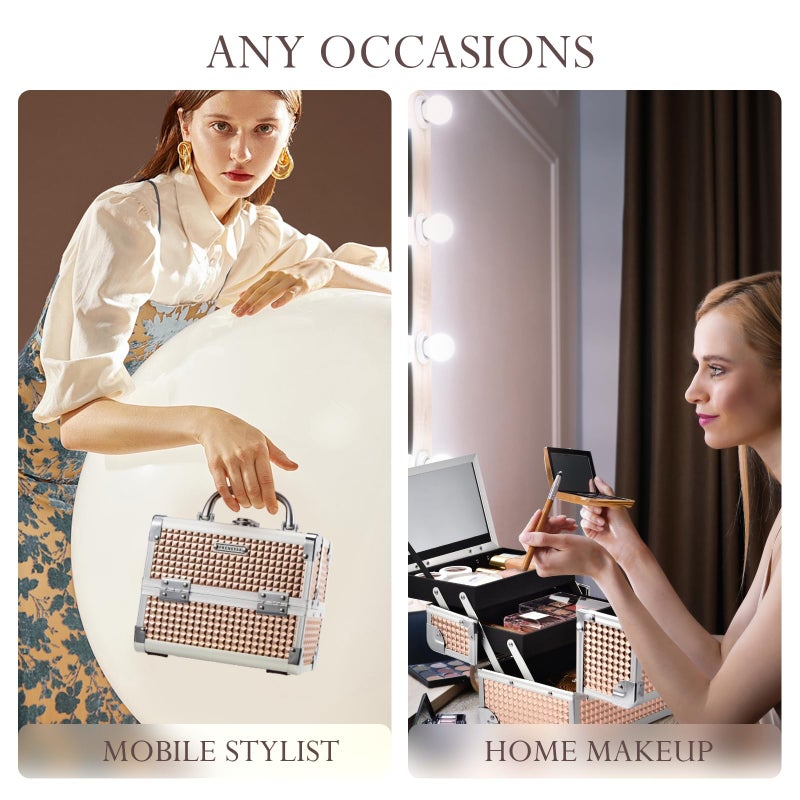 FRENESSA حقيبة مكياج فري نيسا المحمولة لصندوق مستحضرات التجميل منظم المجوهرات 2 طبقات صواني قابلة للقفل مع مفاتيح ومرآة مع مقبض لحمل صندوق تخزين المكياج - وردي ذهبي - Image 3