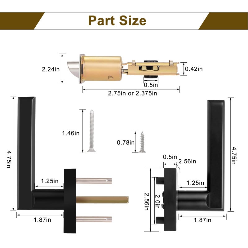 HOSOM Black Door Handle Interior Passage Door Lever for Hall and Closet Heavy Duty Reversible Door Handles Knob with Square Plate Left or Right Handing No Locking Matte Black - Image 2