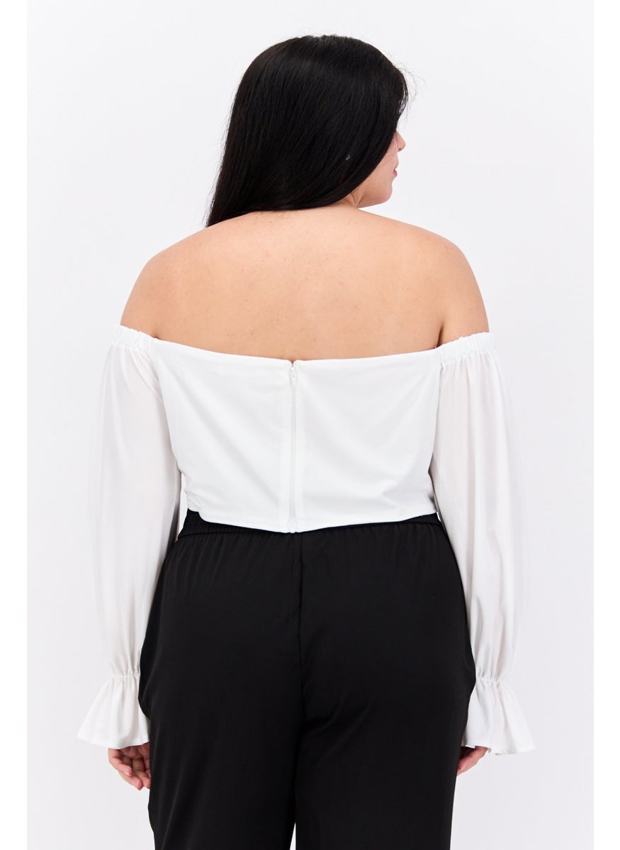 Jaded Rose Women Plus Size Off Shoulder Long Sleeve Solid Top, White  - Image 2