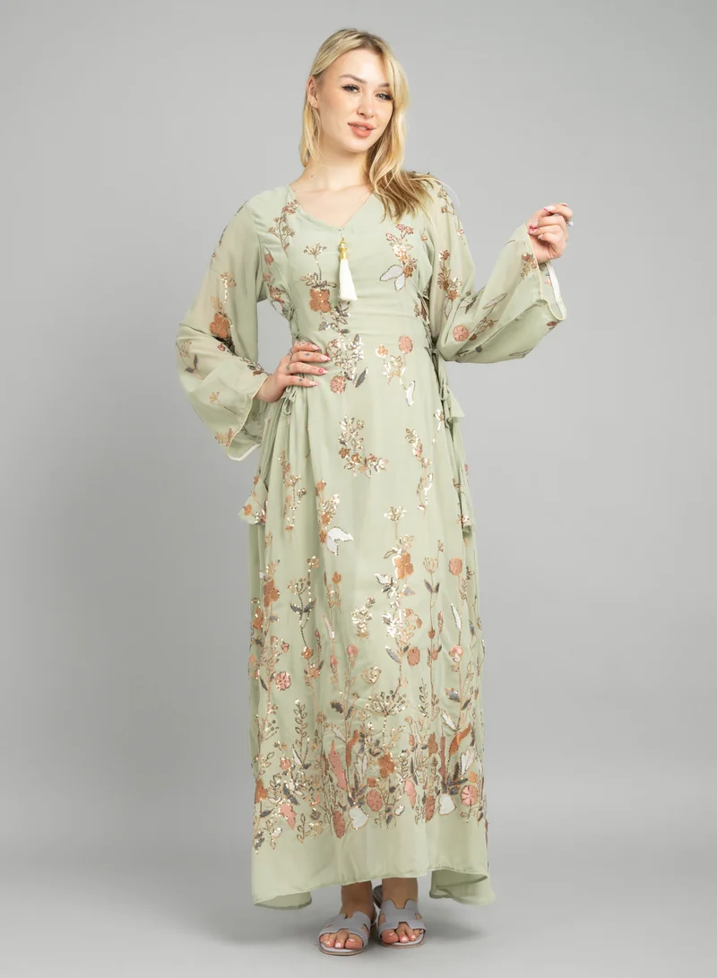 IKKXA Elegant Floral Embroidered Jalabiya CJ1081 Mint